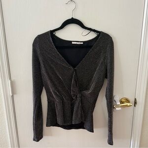 miami Black Metallic Stripe Tie-Front Long Sleeve Top